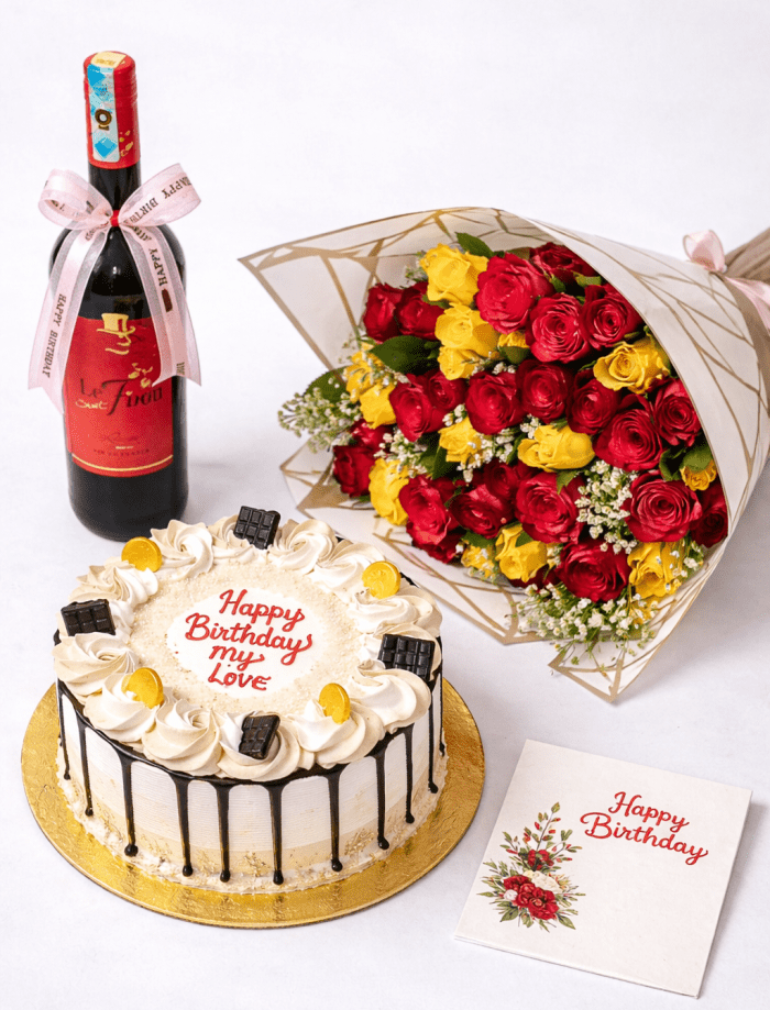 Flowers Cake and wine