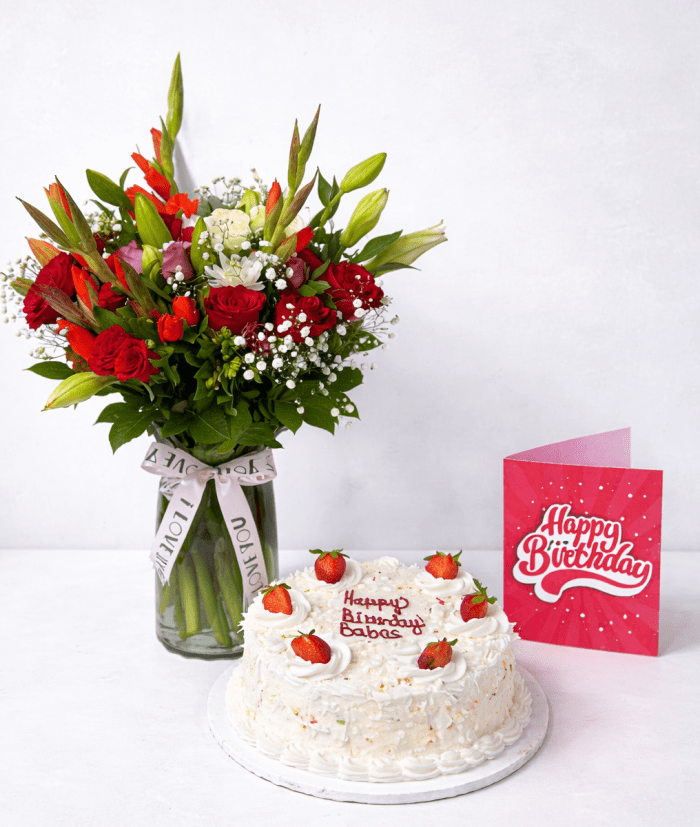 Vased Flowers with a whiteforest cake